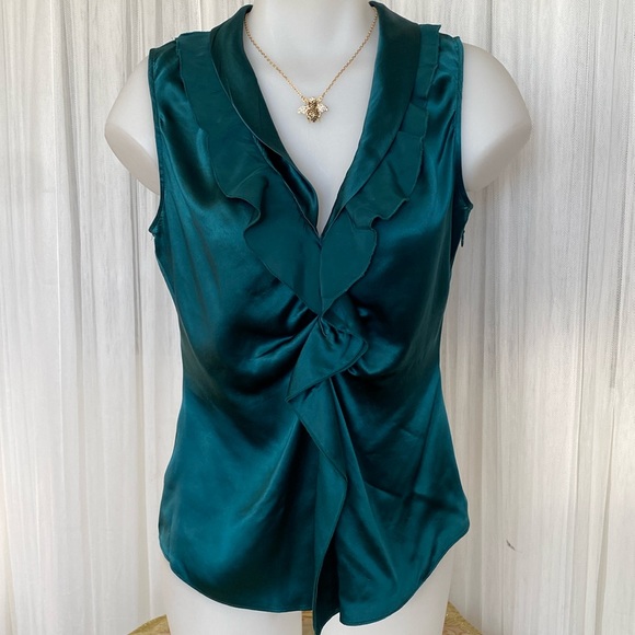 100% Silk TTahari dark teal blue/green, ruffle sleeveless, lightweight Size S - Picture 1 of 17